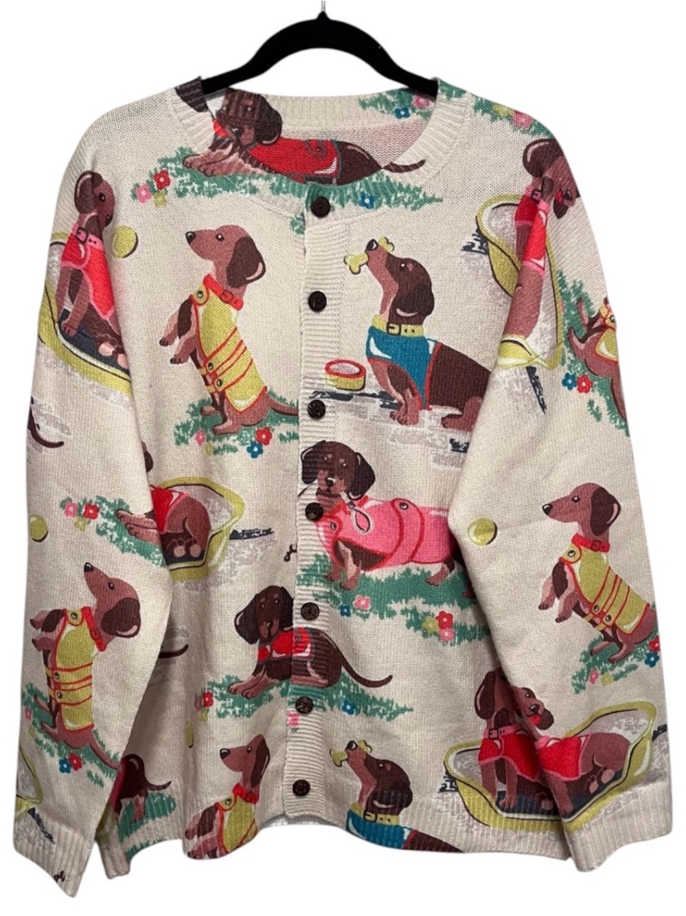 Women’s XXL Dachshund Dog Print Button Front Cardigan Beige